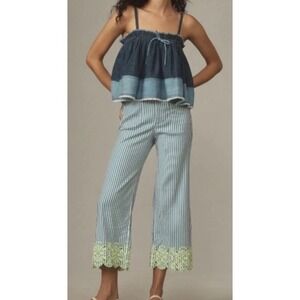 Anthropologie Maeve Colette Pants 4 Blue Embroidered Crop Ankle Magic Fabric